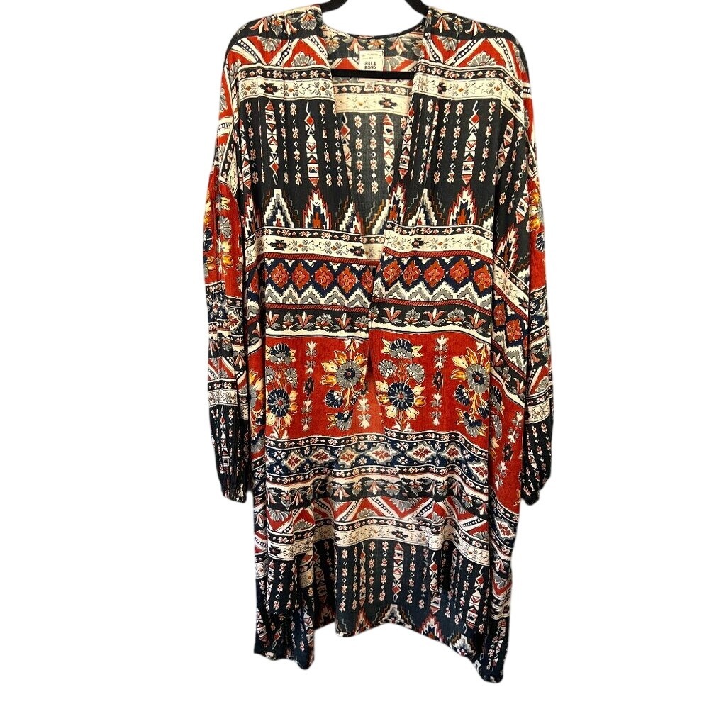 Billabong Boho Aztec Open Front‎ Longline Cotton Cardigan Kimono Size M/L